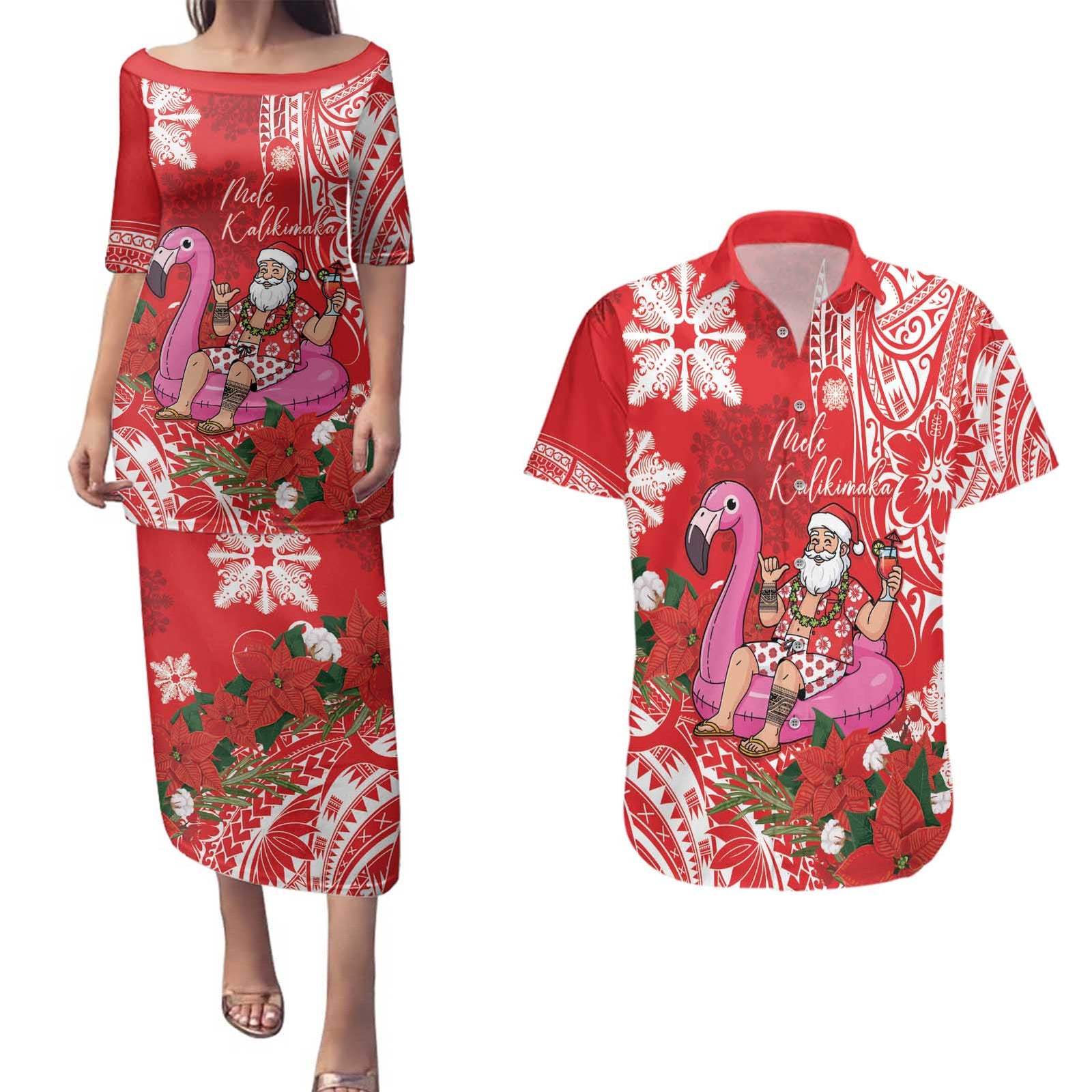 Personalized Hawaii Christmas Couples Matching Puletasi and Hawaiian Shirt Mele Kalikimaka Chilling Shaka Santa Flamingo - Polynesian Pride