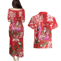 Personalized Hawaii Christmas Couples Matching Puletasi and Hawaiian Shirt Mele Kalikimaka Chilling Shaka Santa Flamingo LT14 - Polynesian Pride