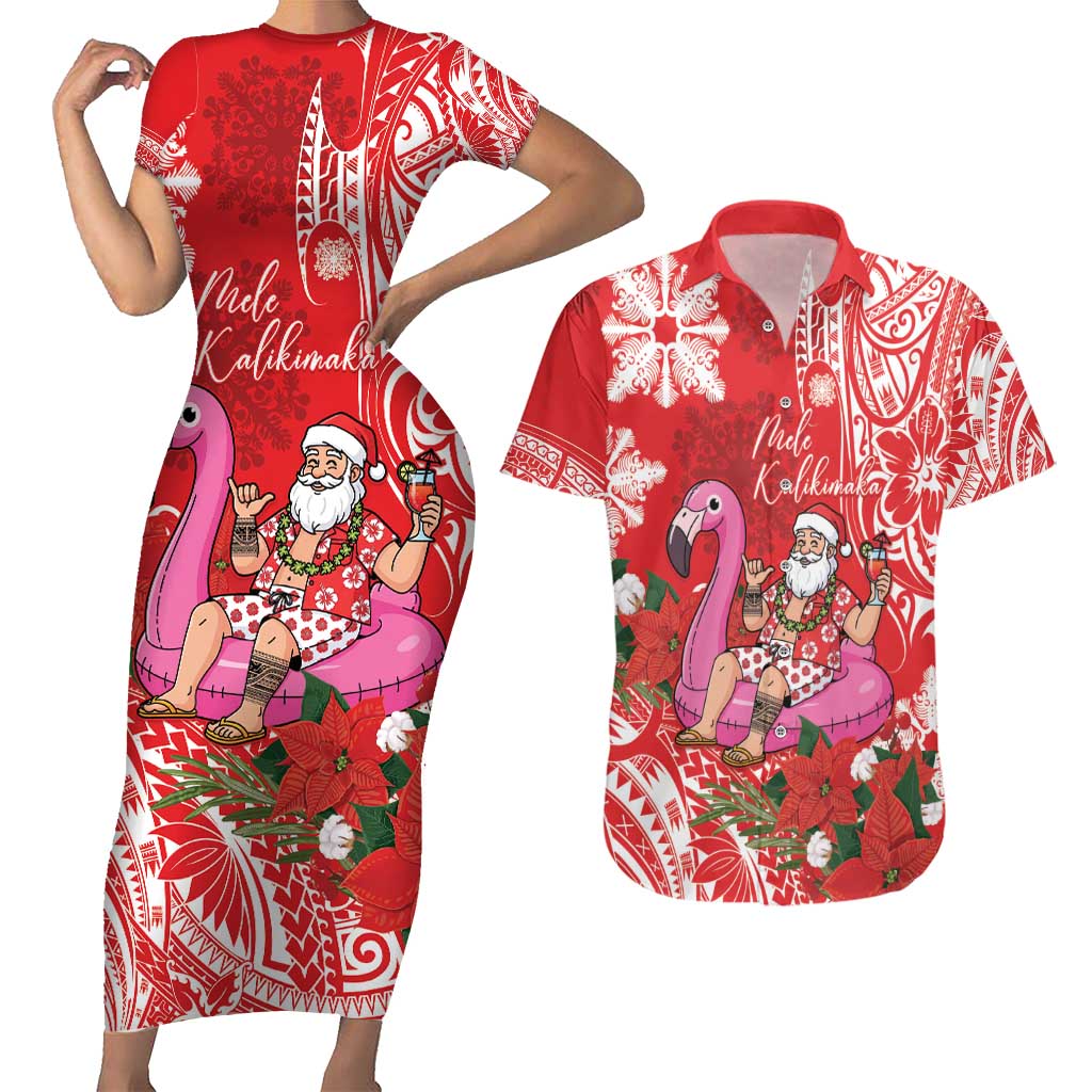 Personalized Hawaii Christmas Couples Matching Short Sleeve Bodycon Dress and Hawaiian Shirt Mele Kalikimaka Chilling Shaka Santa Flamingo LT14 Red - Polynesian Pride