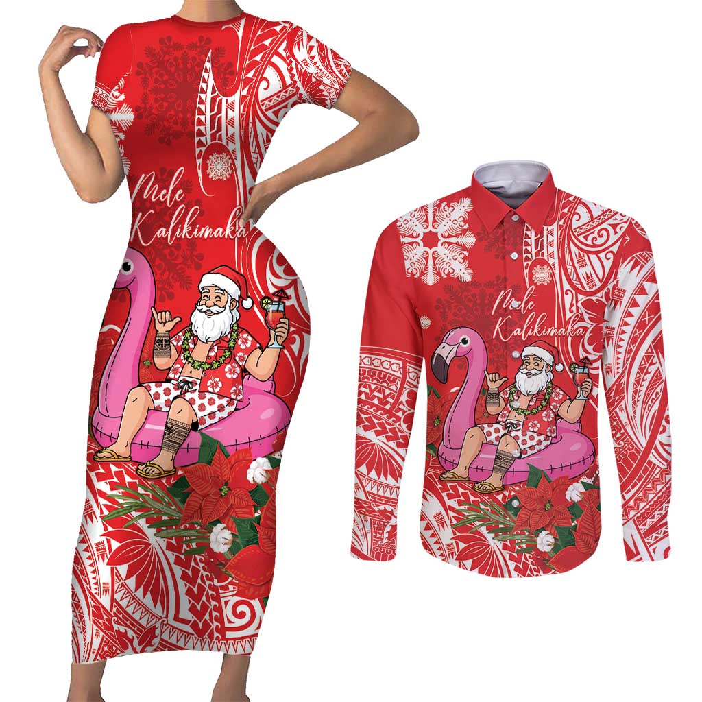 Personalized Hawaii Christmas Couples Matching Short Sleeve Bodycon Dress and Long Sleeve Button Shirt Mele Kalikimaka Chilling Shaka Santa Flamingo - Polynesian Pride