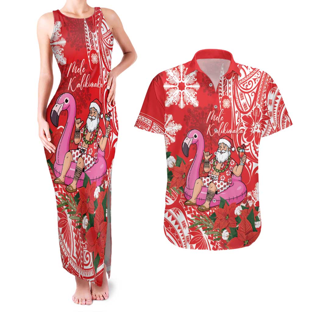 Personalized Hawaii Christmas Couples Matching Tank Maxi Dress and Hawaiian Shirt Mele Kalikimaka Chilling Shaka Santa Flamingo LT14 Red - Polynesian Pride