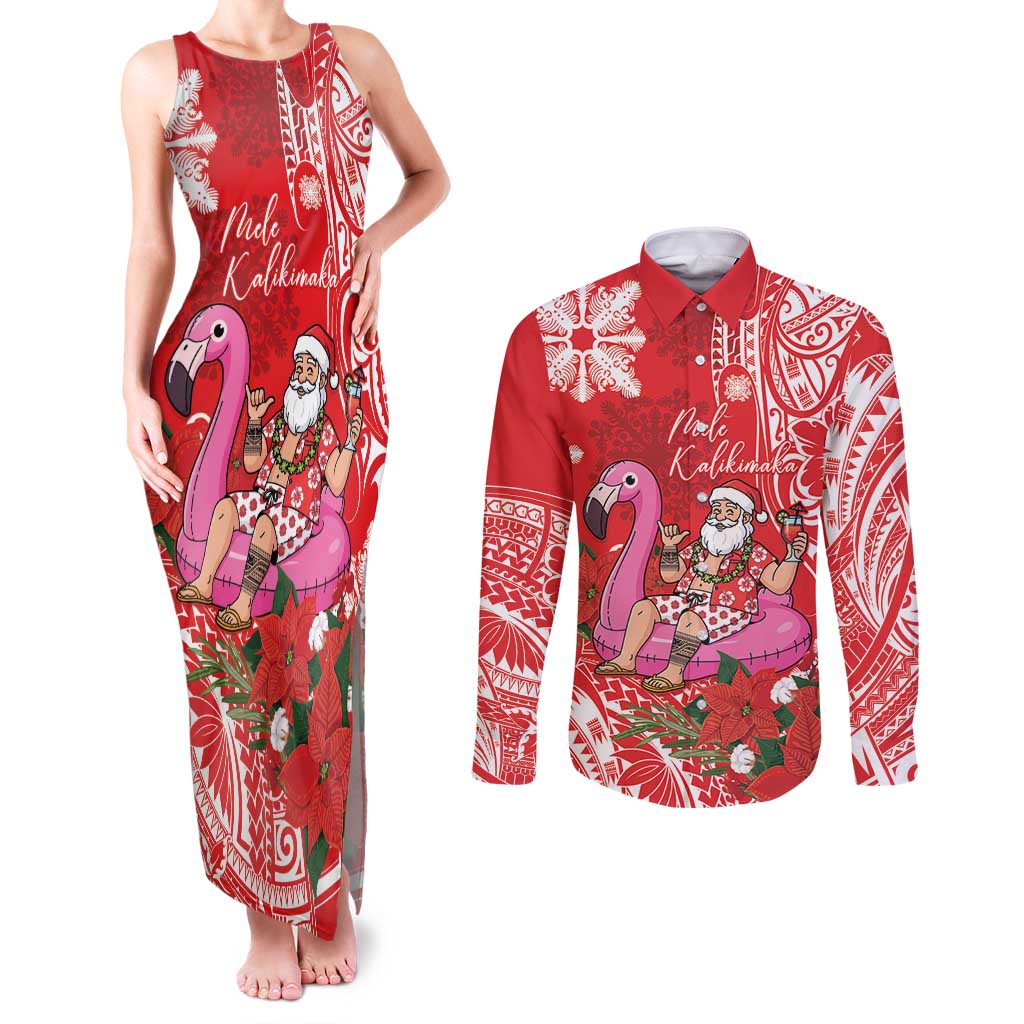 Personalized Hawaii Christmas Couples Matching Tank Maxi Dress and Long Sleeve Button Shirt Mele Kalikimaka Chilling Shaka Santa Flamingo LT14 Red - Polynesian Pride