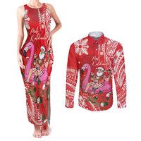 Personalized Hawaii Christmas Couples Matching Tank Maxi Dress and Long Sleeve Button Shirt Mele Kalikimaka Chilling Shaka Santa Flamingo LT14 Red - Polynesian Pride