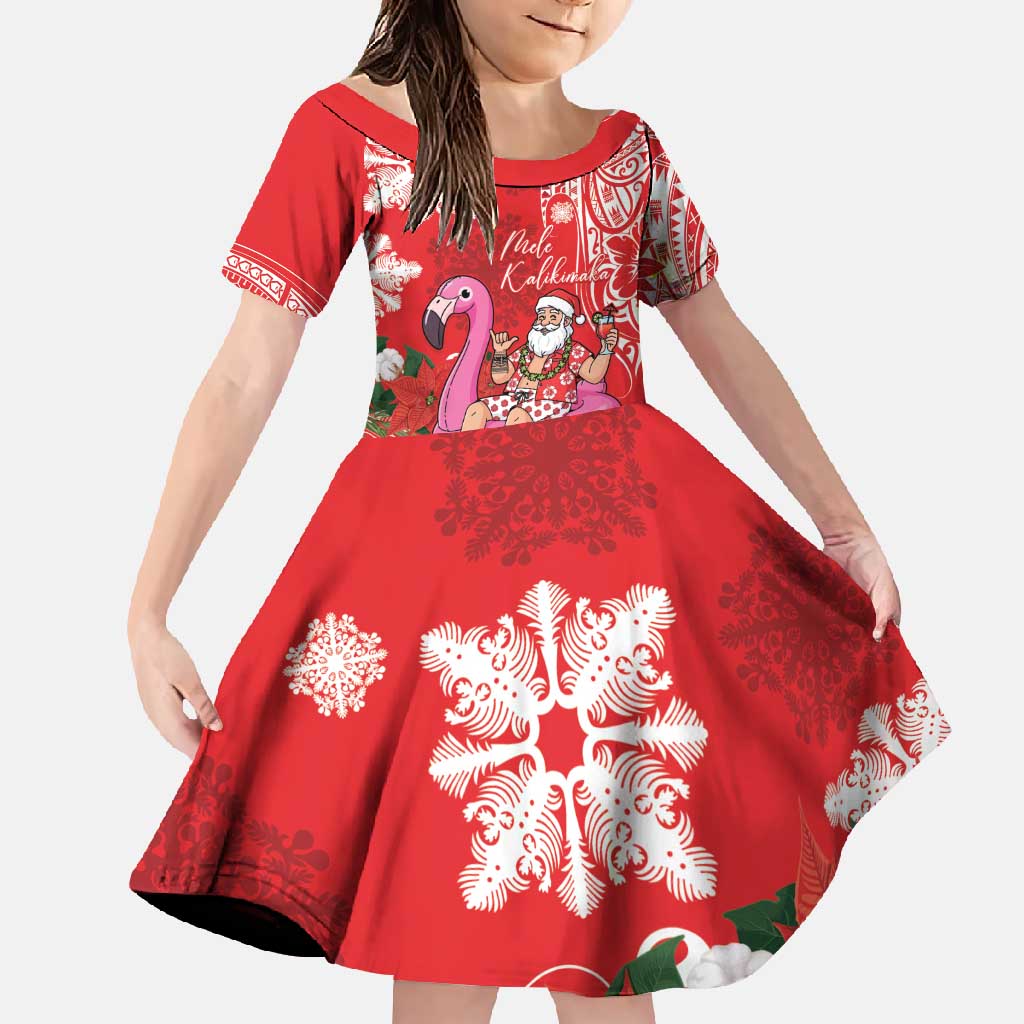 Personalized Hawaii Christmas Family Matching Mermaid Dress and Hawaiian Shirt Mele Kalikimaka Chilling Shaka Santa Flamingo LT14 Daughter's Dress Red - Polynesian Pride