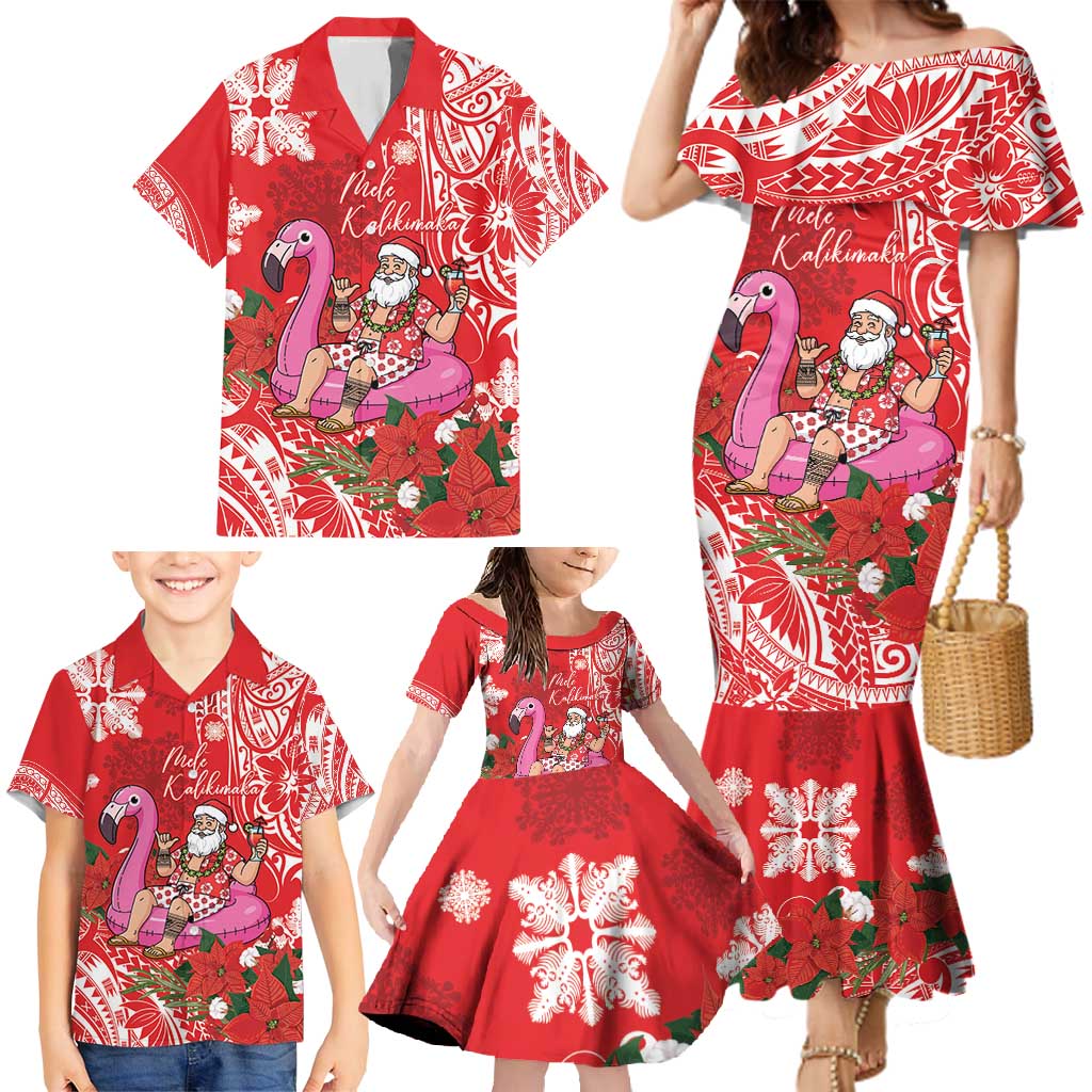 Personalized Hawaii Christmas Family Matching Mermaid Dress and Hawaiian Shirt Mele Kalikimaka Chilling Shaka Santa Flamingo LT14 - Polynesian Pride