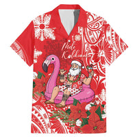 Personalized Hawaii Christmas Family Matching Mermaid Dress and Hawaiian Shirt Mele Kalikimaka Chilling Shaka Santa Flamingo LT14 Dad's Shirt - Short Sleeve Red - Polynesian Pride