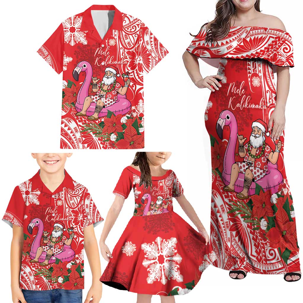 Personalized Hawaii Christmas Family Matching Off Shoulder Maxi Dress and Hawaiian Shirt Mele Kalikimaka Chilling Shaka Santa Flamingo - Polynesian Pride