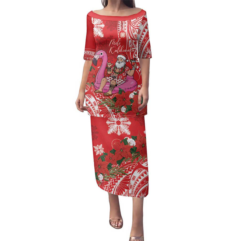 Personalized Hawaii Christmas Family Matching Puletasi and Hawaiian Shirt Mele Kalikimaka Chilling Shaka Santa Flamingo LT14 Mom's Dress Red - Polynesian Pride