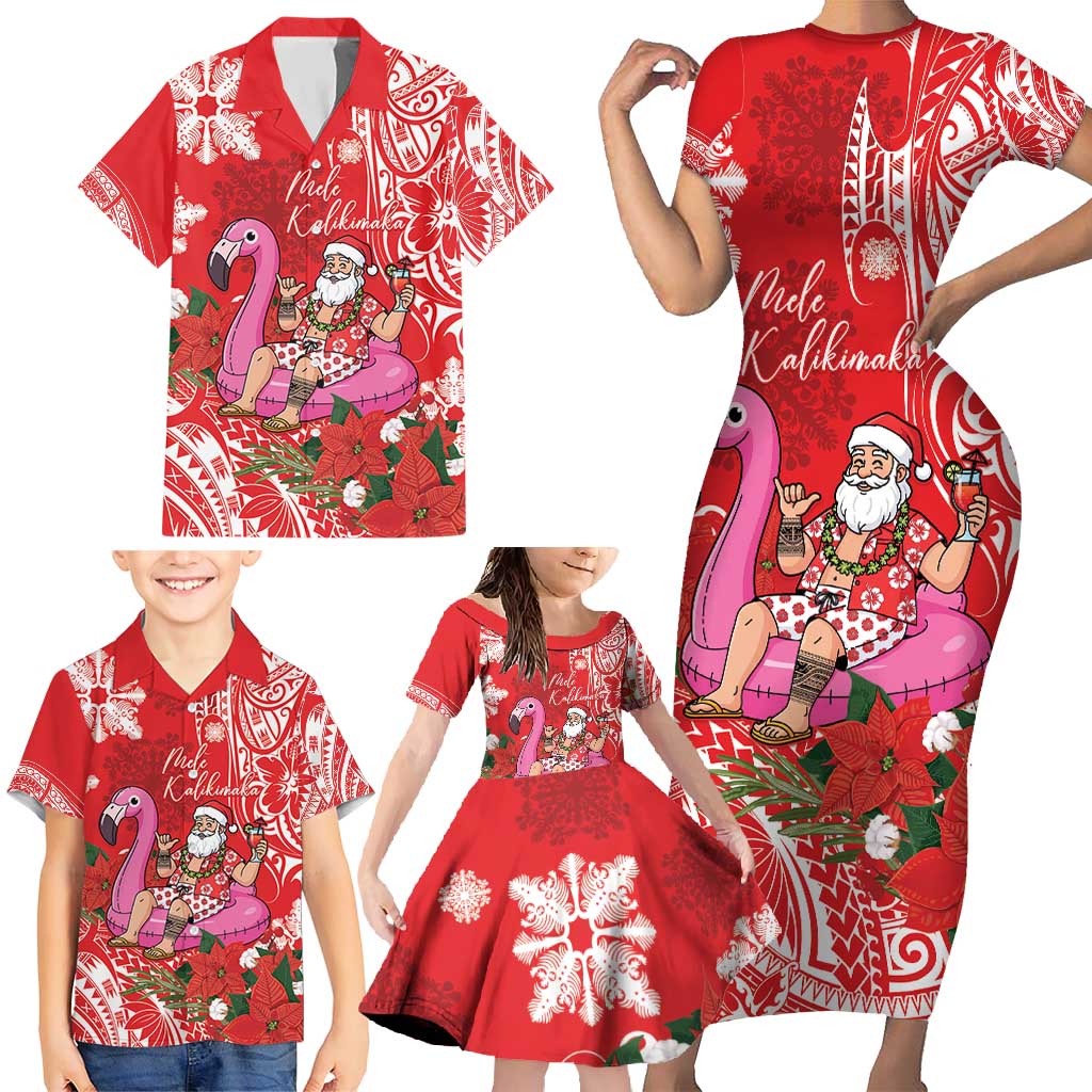 Personalized Hawaii Christmas Family Matching Short Sleeve Bodycon Dress and Hawaiian Shirt Mele Kalikimaka Chilling Shaka Santa Flamingo LT14 - Polynesian Pride