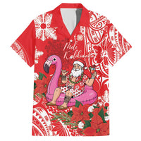 Personalized Hawaii Christmas Family Matching Short Sleeve Bodycon Dress and Hawaiian Shirt Mele Kalikimaka Chilling Shaka Santa Flamingo LT14 Dad's Shirt - Short Sleeve Red - Polynesian Pride