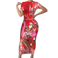 Personalized Hawaii Christmas Family Matching Short Sleeve Bodycon Dress and Hawaiian Shirt Mele Kalikimaka Chilling Shaka Santa Flamingo LT14 Mom's Dress Red - Polynesian Pride