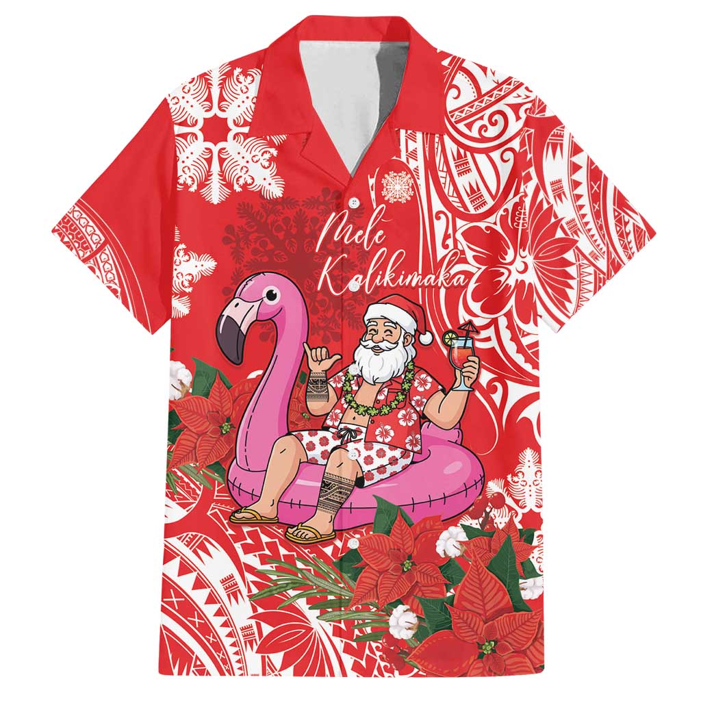 Personalized Hawaii Christmas Family Matching Summer Maxi Dress and Hawaiian Shirt Mele Kalikimaka Chilling Shaka Santa Flamingo LT14 Dad's Shirt - Short Sleeve Red - Polynesian Pride
