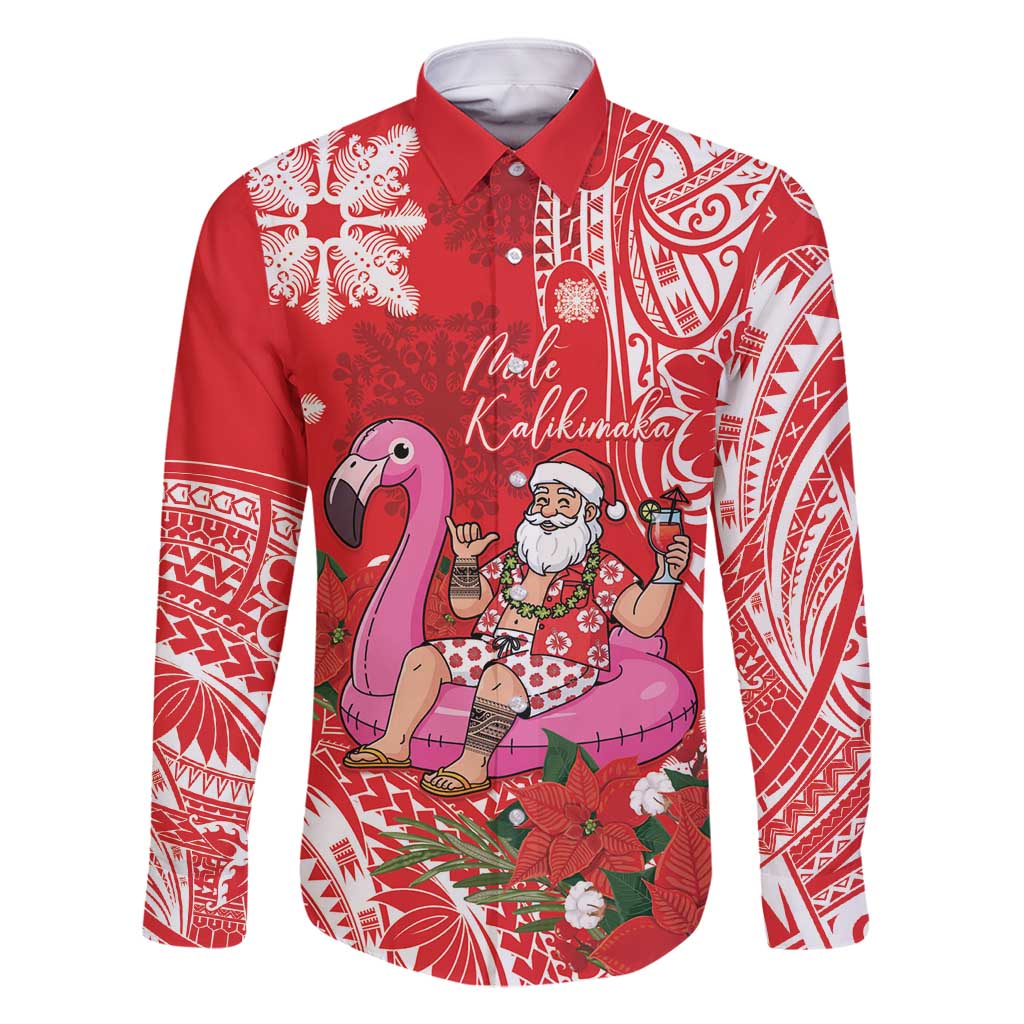 Personalized Hawaii Christmas Family Matching Summer Maxi Dress and Hawaiian Shirt Mele Kalikimaka Chilling Shaka Santa Flamingo LT14 Dad's Shirt - Long Sleeve Red - Polynesian Pride