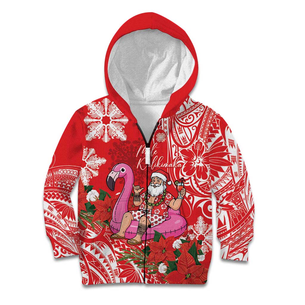 Personalized Hawaii Christmas Kid Hoodie Mele Kalikimaka Chilling Shaka Santa Flamingo - Polynesian Pride