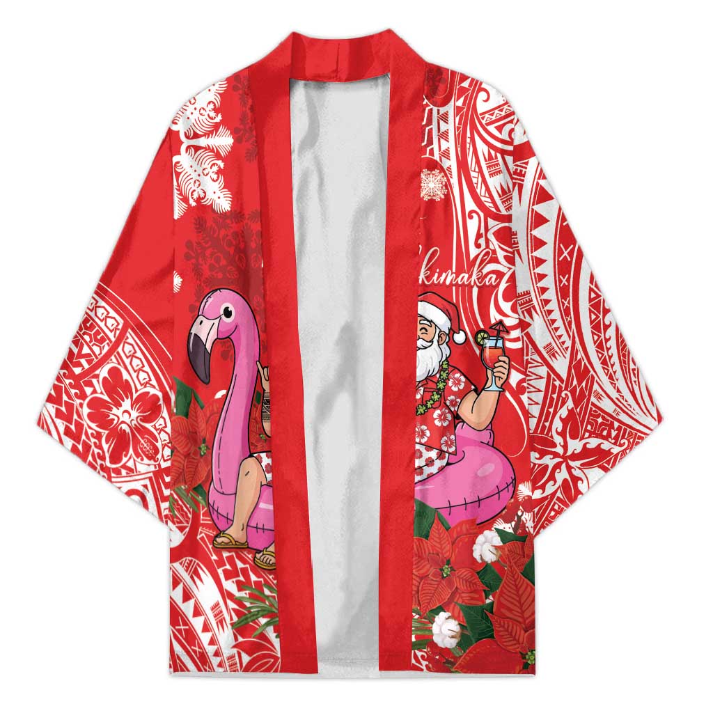 Personalized Hawaii Christmas Kimono Mele Kalikimaka Chilling Shaka Santa Flamingo - Polynesian Pride
