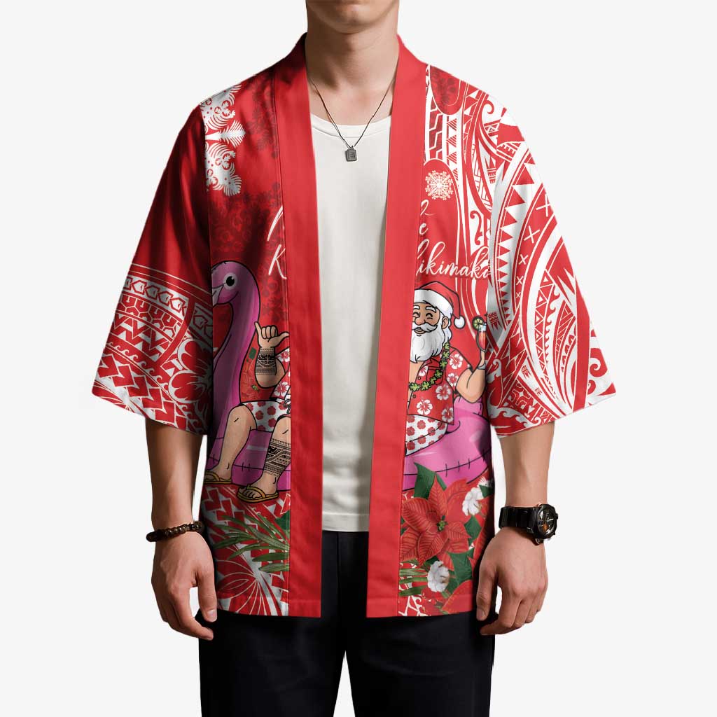 Personalized Hawaii Christmas Kimono Mele Kalikimaka Chilling Shaka Santa Flamingo - Polynesian Pride