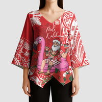 Personalized Hawaii Christmas Kimono Sleeve Blouse Mele Kalikimaka Chilling Shaka Santa Flamingo - Polynesian Pride