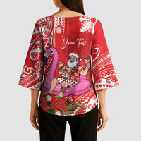 Personalized Hawaii Christmas Kimono Sleeve Blouse Mele Kalikimaka Chilling Shaka Santa Flamingo - Polynesian Pride