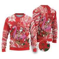 Personalized Hawaii Christmas Ugly Christmas Sweater Mele Kalikimaka Chilling Shaka Santa Flamingo - Polynesian Pride