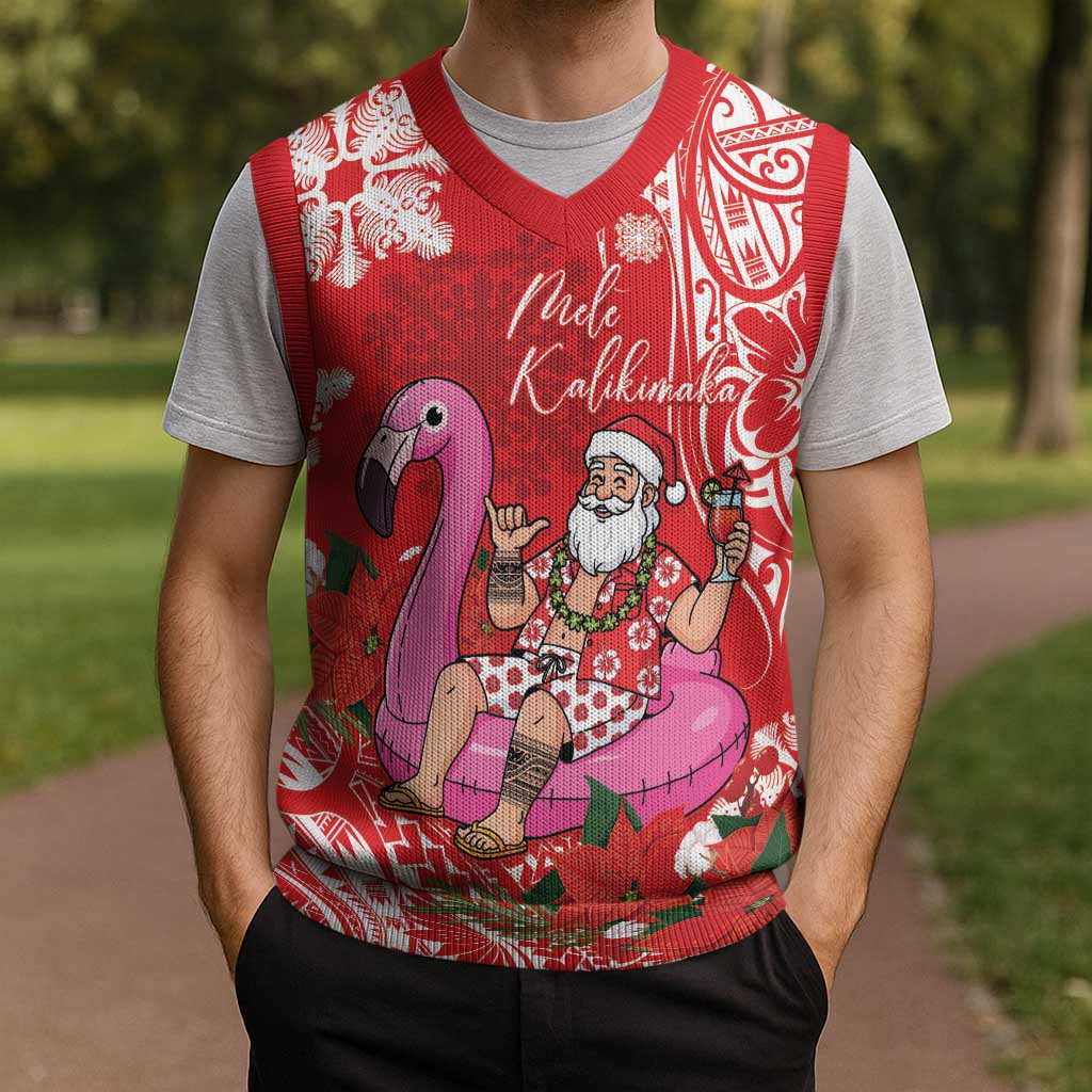 Personalized Hawaii Christmas Knitted V-Neck Vest Mele Kalikimaka Chilling Shaka Santa Flamingo - Polynesian Pride