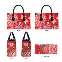 Personalized Hawaii Christmas Leather Bag Mele Kalikimaka Chilling Shaka Santa Flamingo - Polynesian Pride