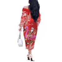 Personalized Hawaii Christmas Off The Shoulder Long Sleeve Dress Mele Kalikimaka Chilling Shaka Santa Flamingo - Polynesian Pride