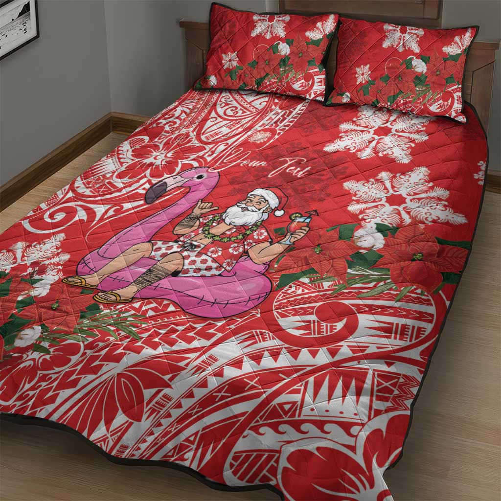 Personalized Hawaii Christmas Quilt Bed Set Mele Kalikimaka Chilling Shaka Santa Flamingo - Polynesian Pride