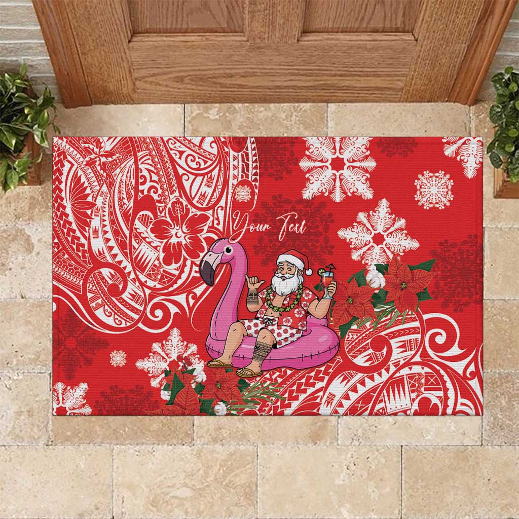 Personalized Hawaii Christmas Rubber Doormat Mele Kalikimaka Chilling Shaka Santa Flamingo - Polynesian Pride