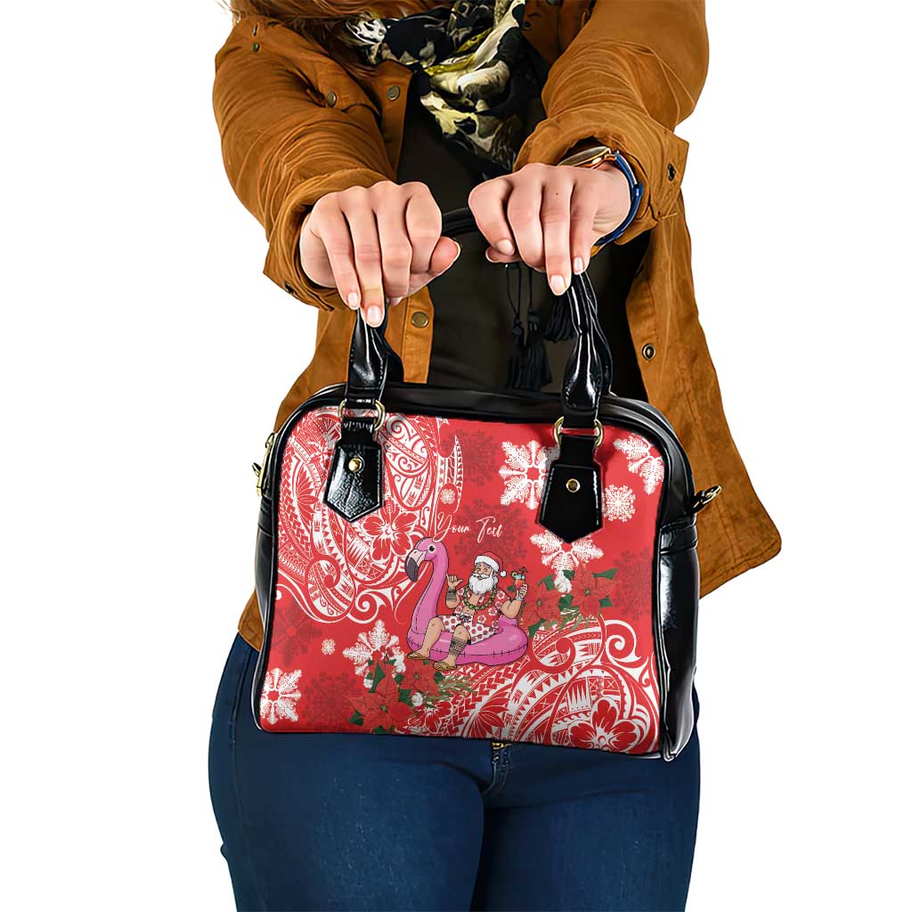 Personalized Hawaii Christmas Shoulder Handbag Mele Kalikimaka Chilling Shaka Santa Flamingo - Polynesian Pride