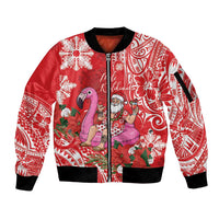 Personalized Hawaii Christmas Sleeve Zip Bomber Jacket Mele Kalikimaka Chilling Shaka Santa Flamingo - Polynesian Pride