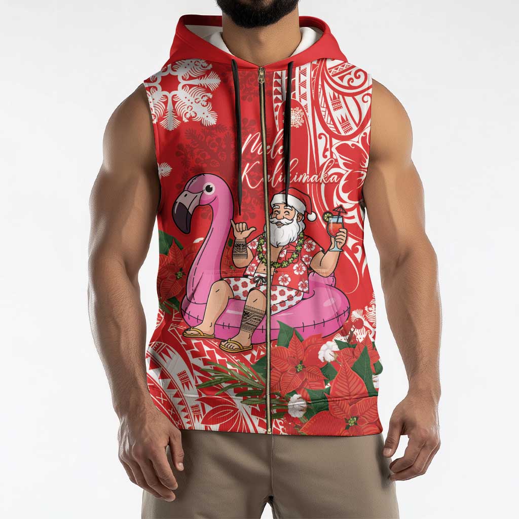 Personalized Hawaii Christmas Sleeveless Zip Hoodie Mele Kalikimaka Chilling Shaka Santa Flamingo - Polynesian Pride