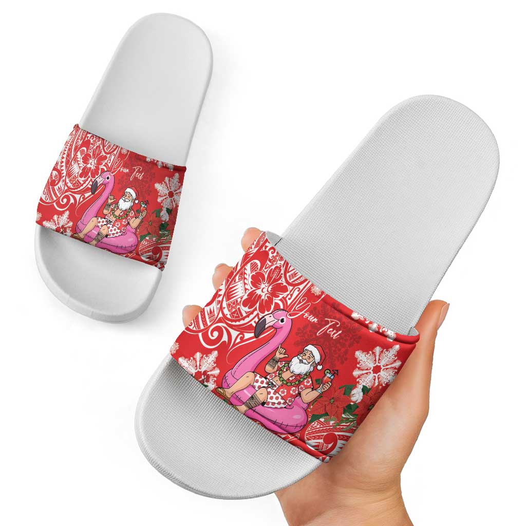 Personalized Hawaii Christmas Slide Sandals Mele Kalikimaka Chilling Shaka Santa Flamingo - Polynesian Pride