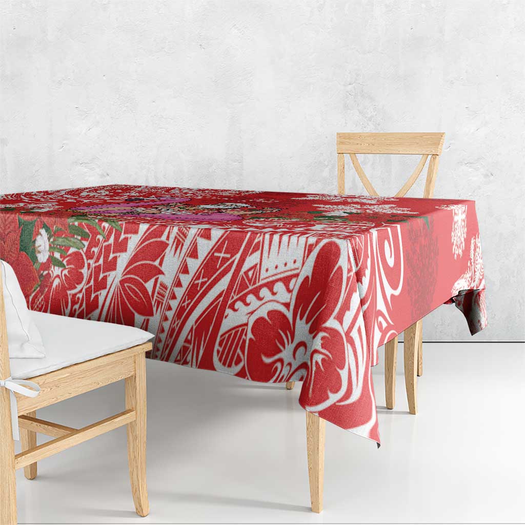 Personalized Hawaii Christmas Tablecloth Mele Kalikimaka Chilling Shaka Santa Flamingo - Polynesian Pride