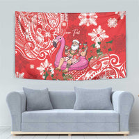 Personalized Hawaii Christmas Tapestry Mele Kalikimaka Chilling Shaka Santa Flamingo - Polynesian Pride