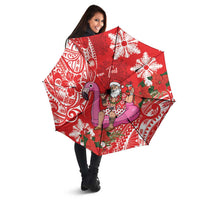 Personalized Hawaii Christmas Umbrella Mele Kalikimaka Chilling Shaka Santa Flamingo - Polynesian Pride