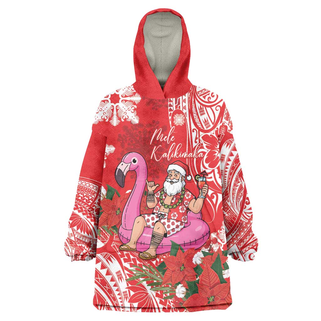 Personalized Hawaii Christmas Wearable Blanket Hoodie Mele Kalikimaka Chilling Shaka Santa Flamingo - Polynesian Pride