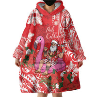 Personalized Hawaii Christmas Wearable Blanket Hoodie Mele Kalikimaka Chilling Shaka Santa Flamingo - Polynesian Pride