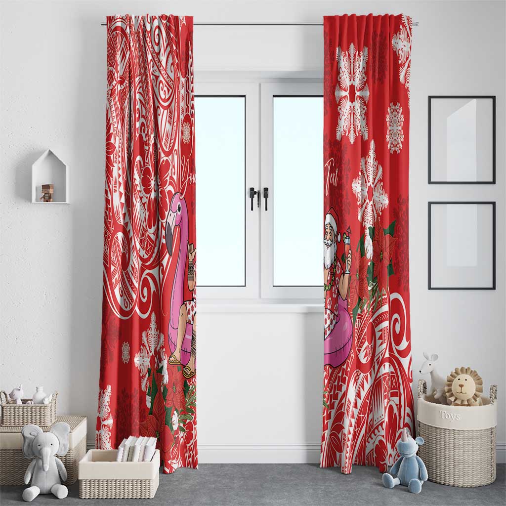 Personalized Hawaii Christmas Window Curtain Mele Kalikimaka Chilling Shaka Santa Flamingo - Polynesian Pride