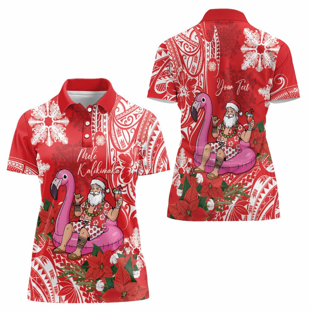 Personalized Hawaii Christmas Women Polo Shirt Mele Kalikimaka Chilling Shaka Santa Flamingo - Polynesian Pride