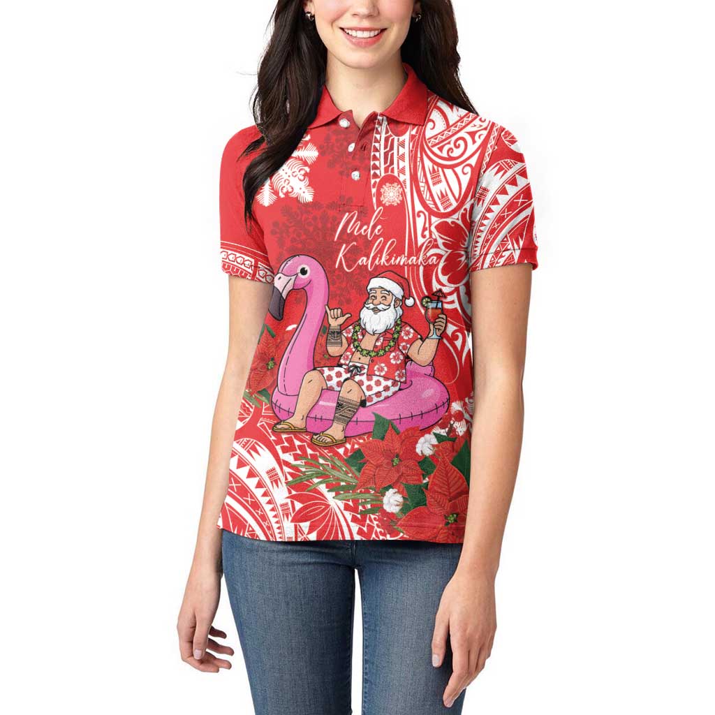 Personalized Hawaii Christmas Women Polo Shirt Mele Kalikimaka Chilling Shaka Santa Flamingo - Polynesian Pride