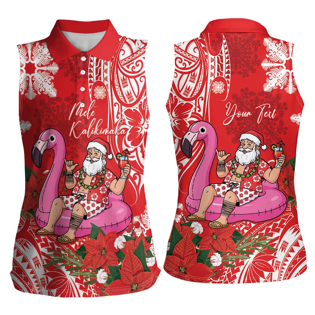 Personalized Hawaii Christmas Women Sleeveless Polo Shirt Mele Kalikimaka Chilling Shaka Santa Flamingo LT14 - Polynesian Pride