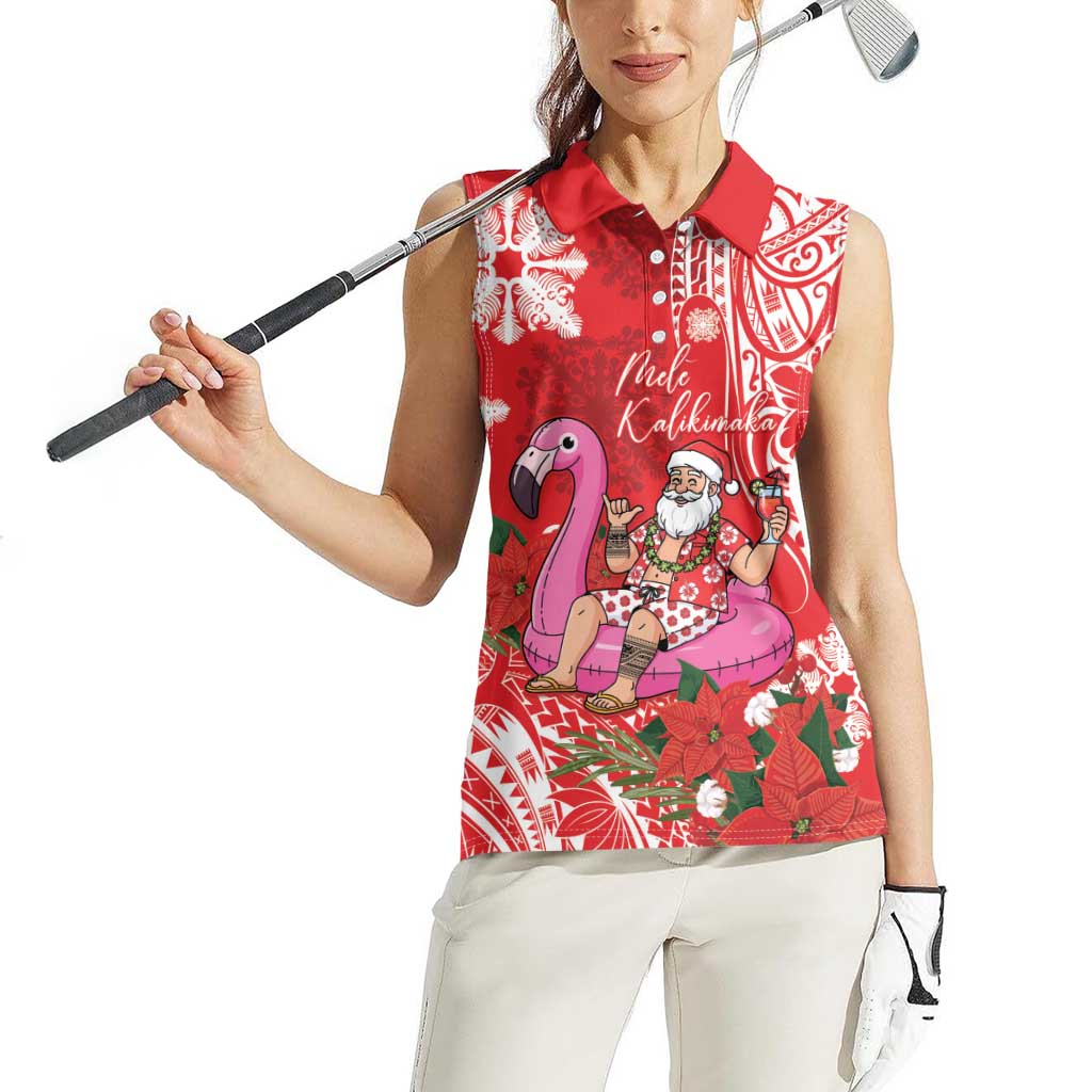 Personalized Hawaii Christmas Women Sleeveless Polo Shirt Mele Kalikimaka Chilling Shaka Santa Flamingo LT14 - Polynesian Pride