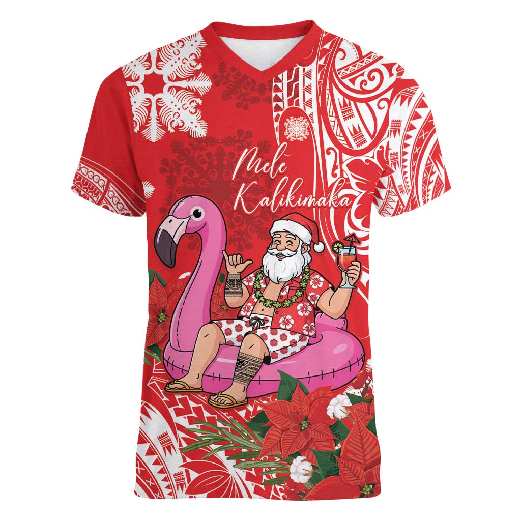 Personalized Hawaii Christmas Women V-Neck T-Shirt Mele Kalikimaka Chilling Shaka Santa Flamingo - Polynesian Pride