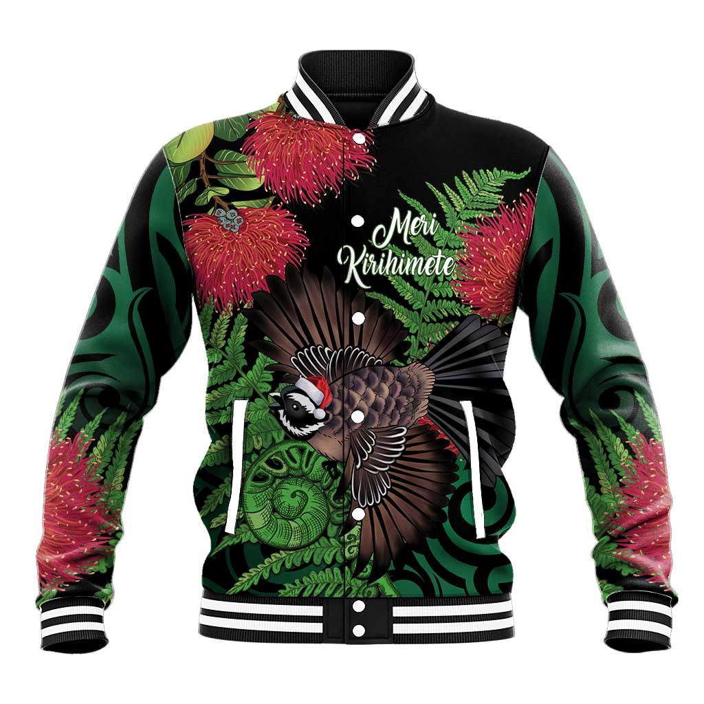 Meri Kirihimete New Zealand Baseball Jacket Piwakawaka Koru Fern Mix Pohutukawa LT14 Unisex Black - Polynesian Pride