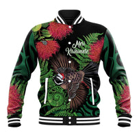 Meri Kirihimete New Zealand Baseball Jacket Piwakawaka Koru Fern Mix Pohutukawa LT14 Unisex Black - Polynesian Pride