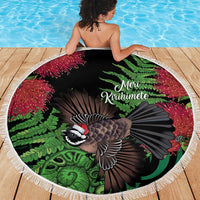 Meri Kirihimete New Zealand Beach Blanket Piwakawaka Koru Fern Mix Pohutukawa - Polynesian Pride
