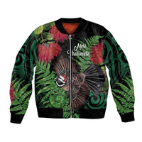 Meri Kirihimete New Zealand Bomber Jacket Piwakawaka Koru Fern Mix Pohutukawa - Polynesian Pride