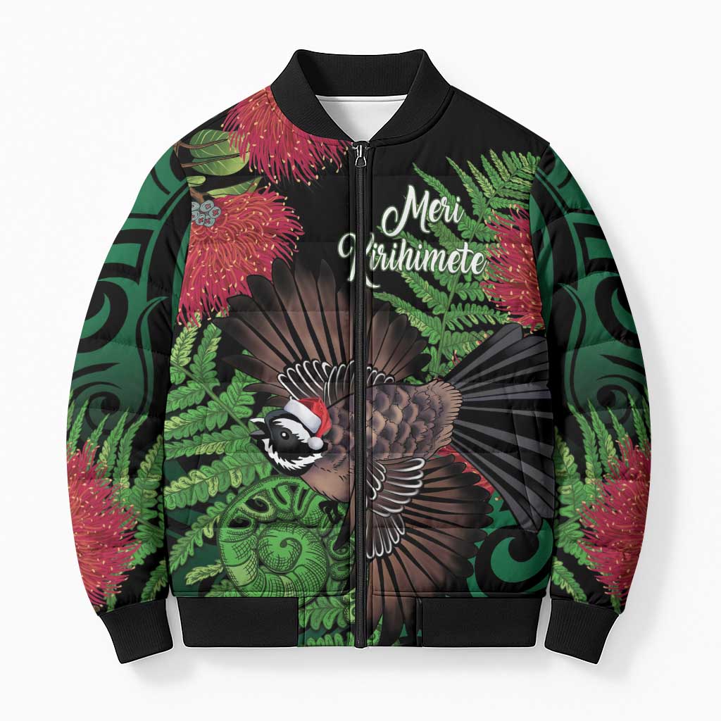 Meri Kirihimete New Zealand Bomber Puffer Jacket Piwakawaka Koru Fern Mix Pohutukawa LT14 Unisex Black - Polynesian Pride