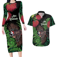 Meri Kirihimete New Zealand Couples Matching Long Sleeve Bodycon Dress and Hawaiian Shirt Piwakawaka Koru Fern Mix Pohutukawa - Polynesian Pride