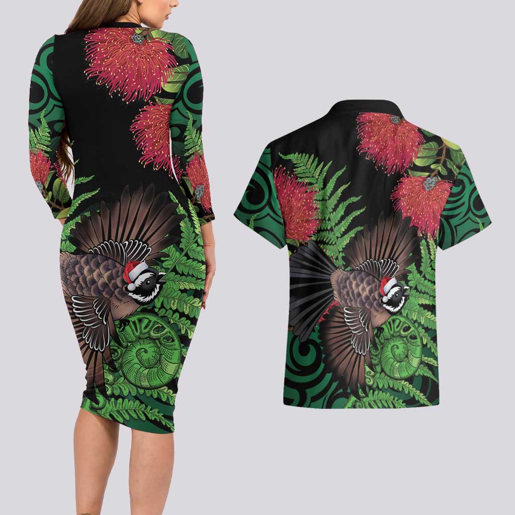 Meri Kirihimete New Zealand Couples Matching Long Sleeve Bodycon Dress and Hawaiian Shirt Piwakawaka Koru Fern Mix Pohutukawa - Polynesian Pride